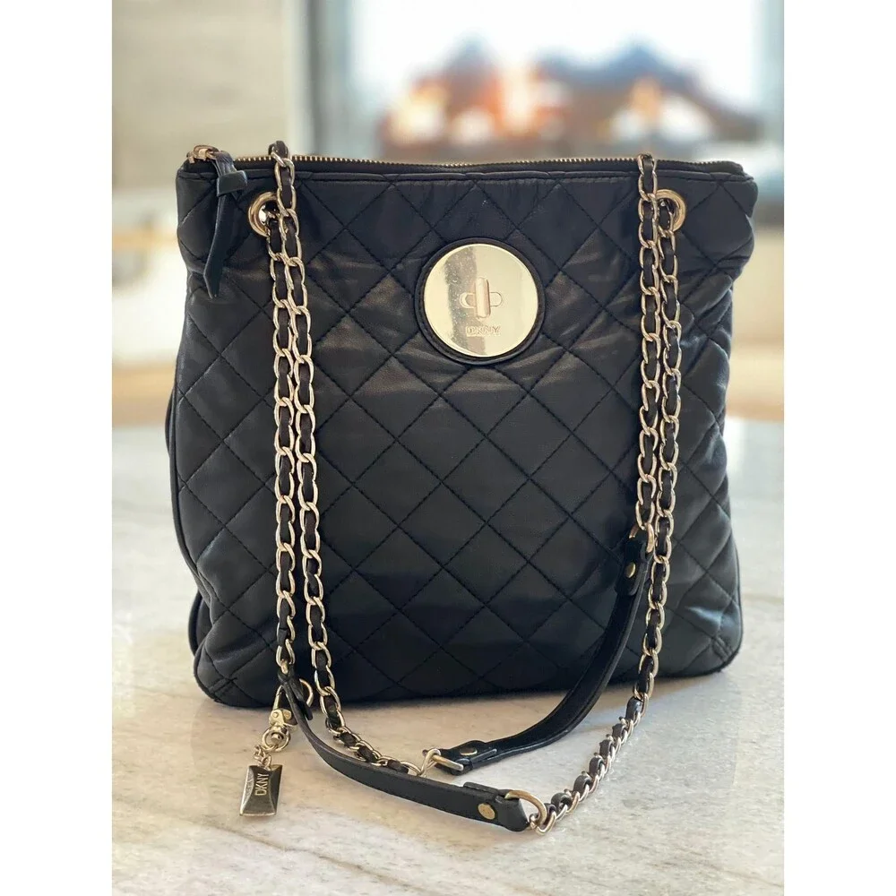 DKNY Leather Black Shoulder Bag Quilted Gold Purse Carryall Business Pocketbook